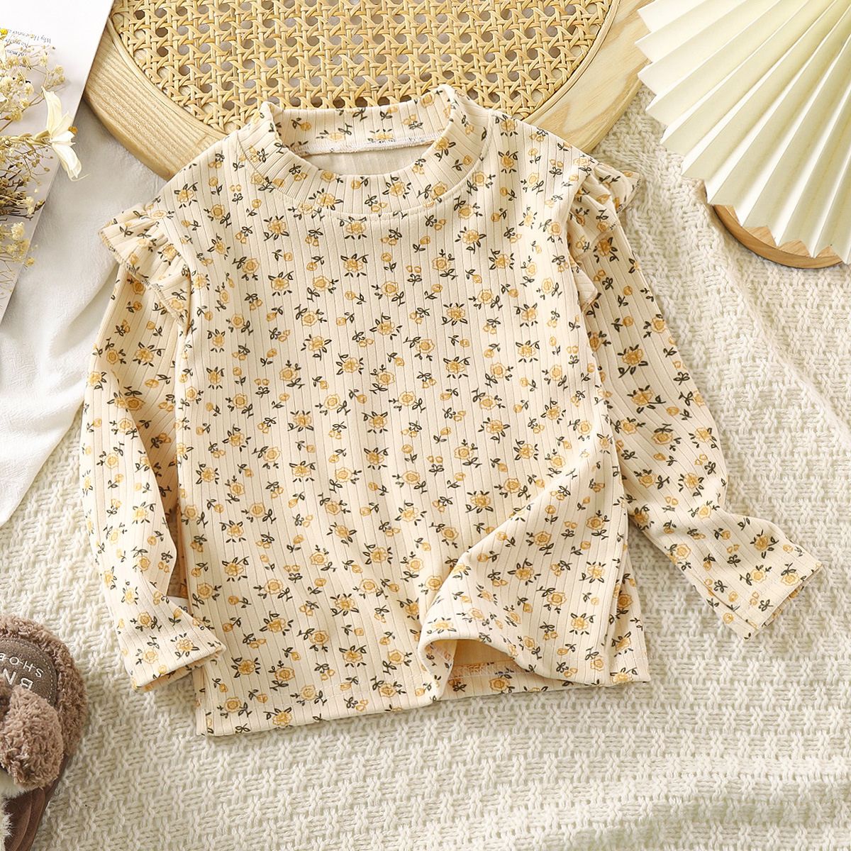 Feather & Fawn Ribbed Thick Ruffle Long - Sleeve Top Baby Clothes