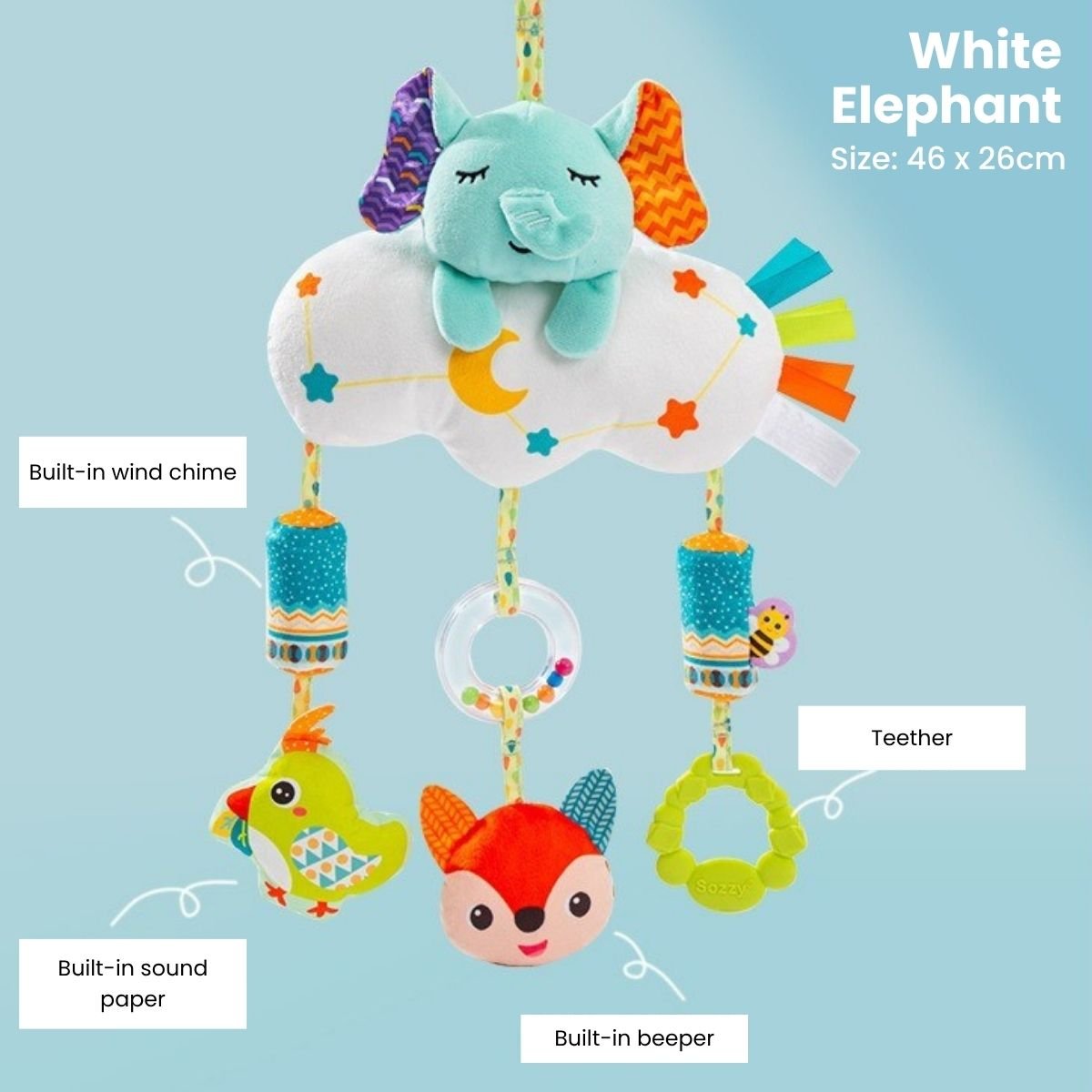 Feather & Fawn Sensory Animals Baby Hanging Toy For Pram With Teether Pram Hanging Toy