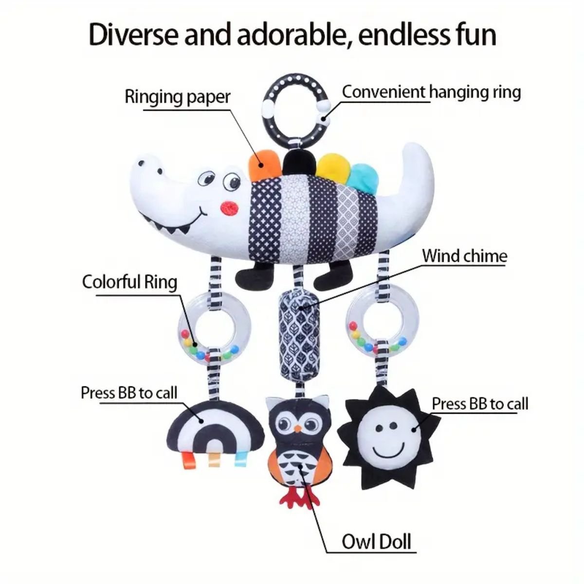 Feather & Fawn Sensory Hanging Toy For Pram | Crocodile & Caterpillar Pram Hanging Toy