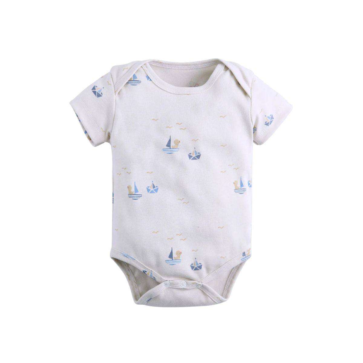 Feather & Fawn short sleeve baby bodysuit with envelope shoulders and nautical prints
