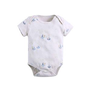 Feather & Fawn short sleeve baby bodysuit with envelope shoulders and nautical prints