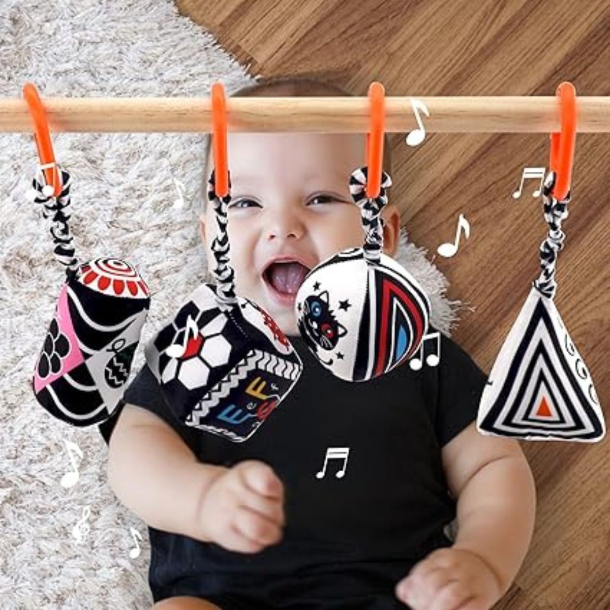 Feather & Fawn Squeaky Sensory Hanging Toy | Visual Developmental Black & White Shapes Pram Hanging Toy