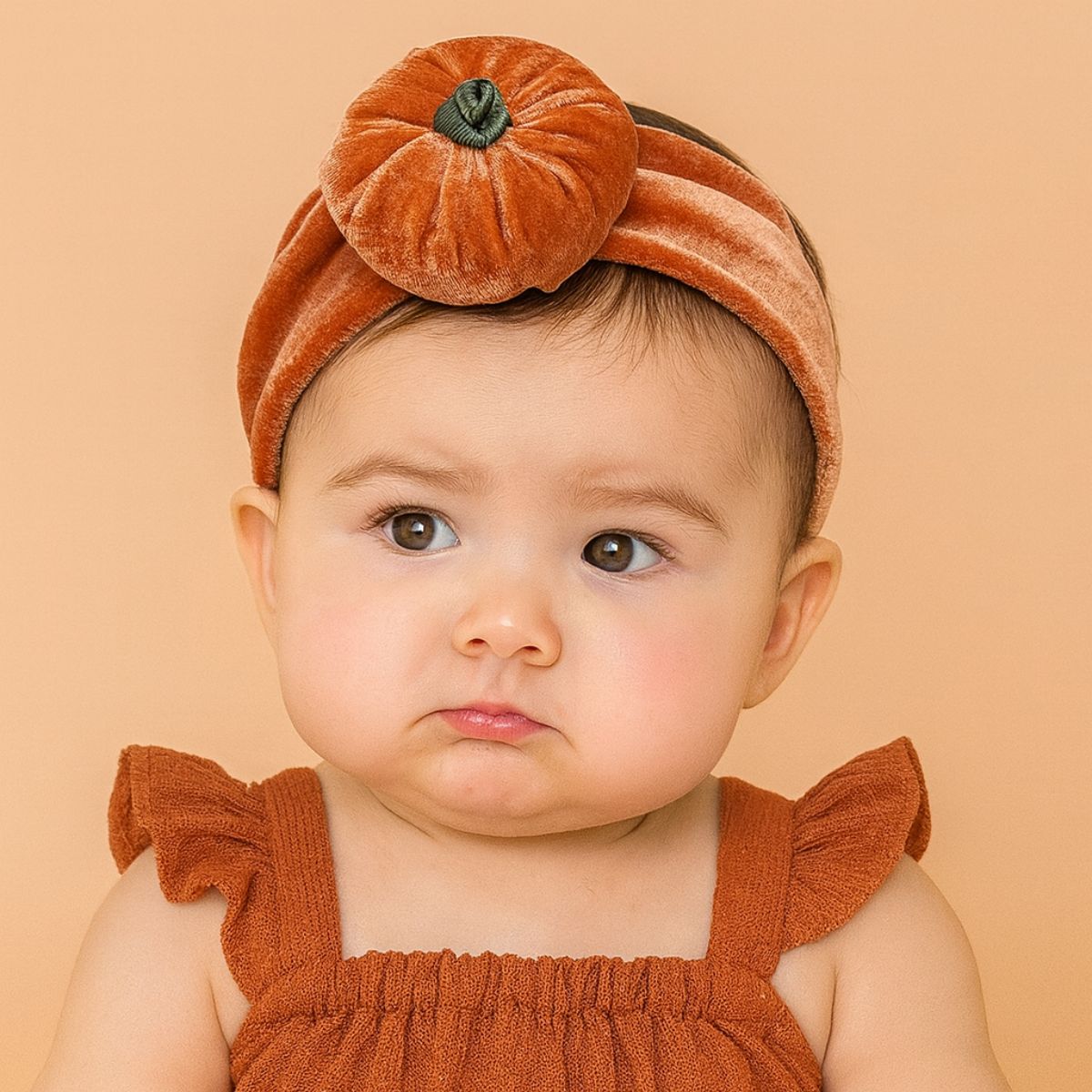 Feather & Fawn Velvet Pumpkin Baby Headband | Soft Stretchy Bow for Halloween Halloween