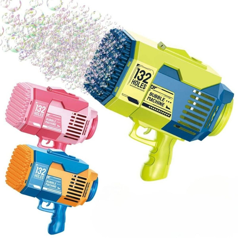 Kidst rechargeable Bubble Machine Bazooka with 132 holes producing thousands of bubbles per minute, featuring LED lights and safe ABS plastic design for kids and outdoor play.