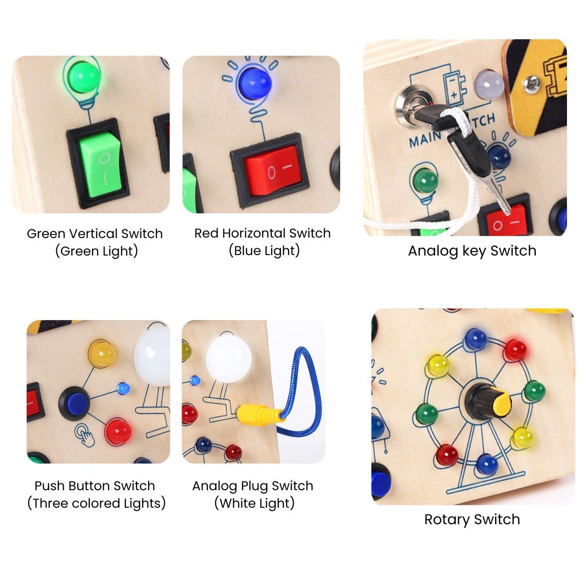 Kidst Montessori Busy Board - Wooden Sensory Toy with Lights and Switches Montessori Toys