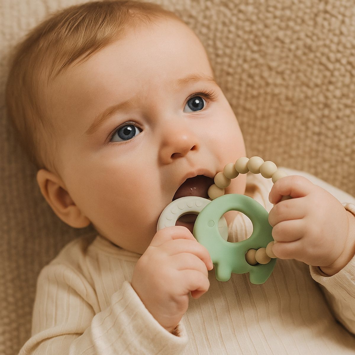 Living Textiles Playground Elephant Teether Ring | Light Sage Teether