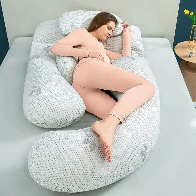 MaterniCare SnuggleMate G-Shape pregnancy pillow in green and grey for full-body maternity support