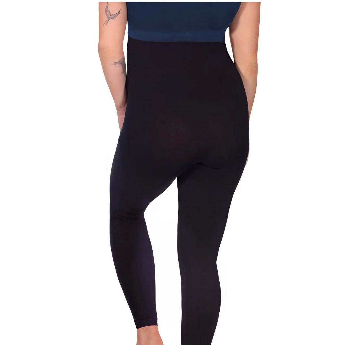Maternity Leggings in black stretch fabric, showing a smooth fitted silhouette and high over-the-bump waistband