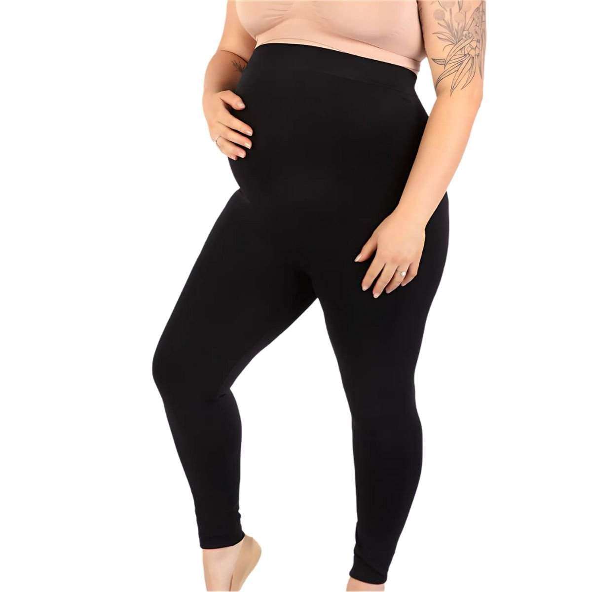 Maternity Leggings in black stretch knit with a smooth over-the-bump panel and full-length fitted legs