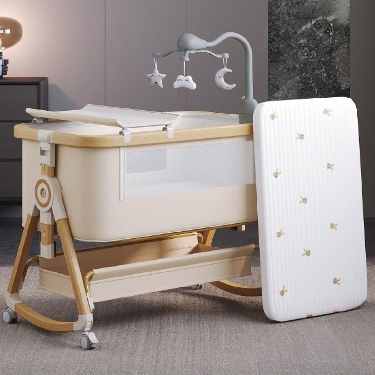 Toddly CuddleCrib 3 - in - 1 Bassinet – Rocker, Adjustable Height & Premium Mattress Baby Bassinet