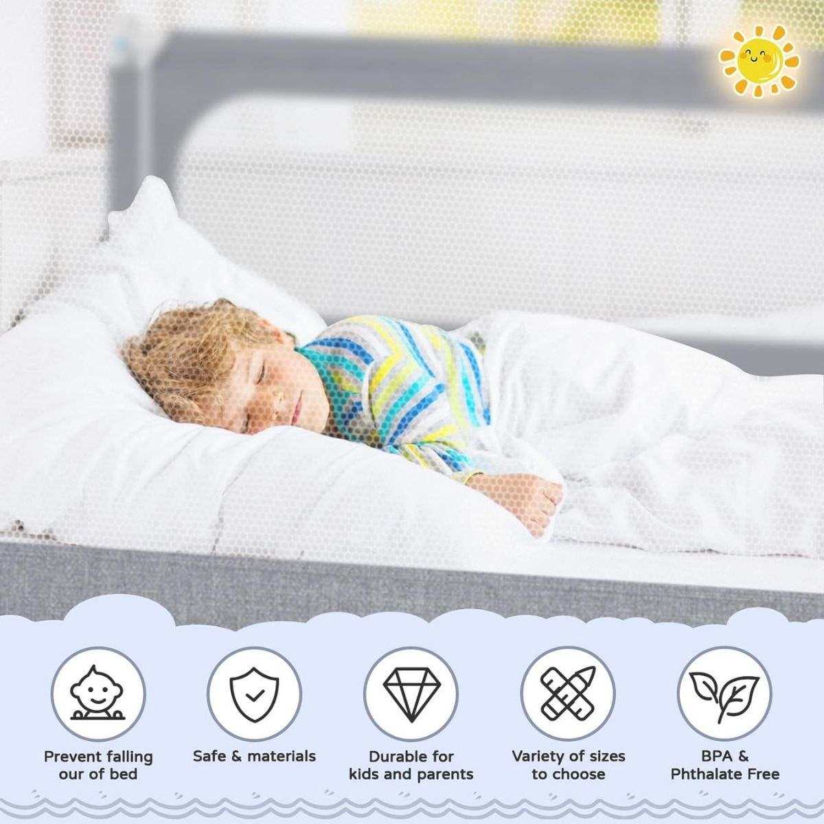 Toddly DreamGuard V2 adjustable baby bed rail with breathable mesh for secure sleep
