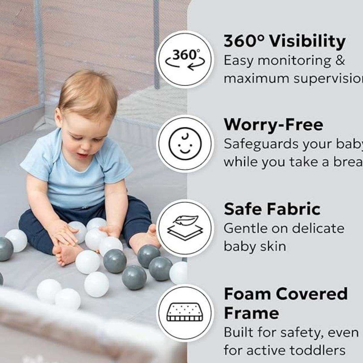 Toddly Explorer Max baby playpen with mesh walls and zip door