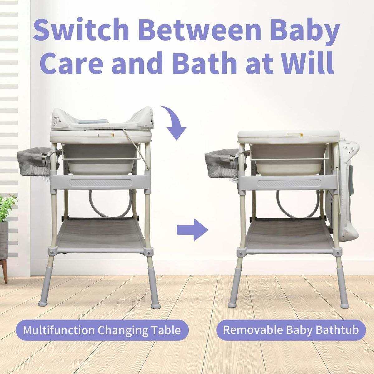 Toddly FlexiBathe adjustable baby changing table with fold-flat bath and digital thermometer