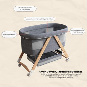 ToddlyToddly CuddleCrib Oval 3 - in - 1 Wooden Bassinet – Rocker, Foldable & Premium MattressBaby Bassinet - Babies Mart Australia