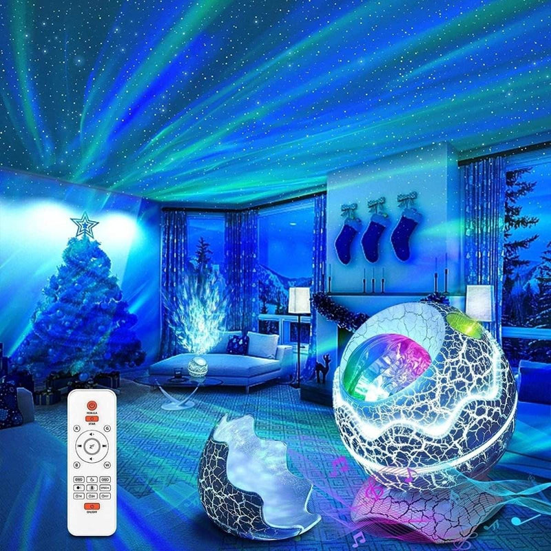 Glowly 4-in-1 Dino Egg galaxy projector night light with colorful star and northern lights display in cozy living room setting with remote control