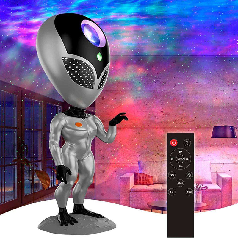 Alien Galaxy Projector with remote control projecting colorful nebula and stars in a living room setting