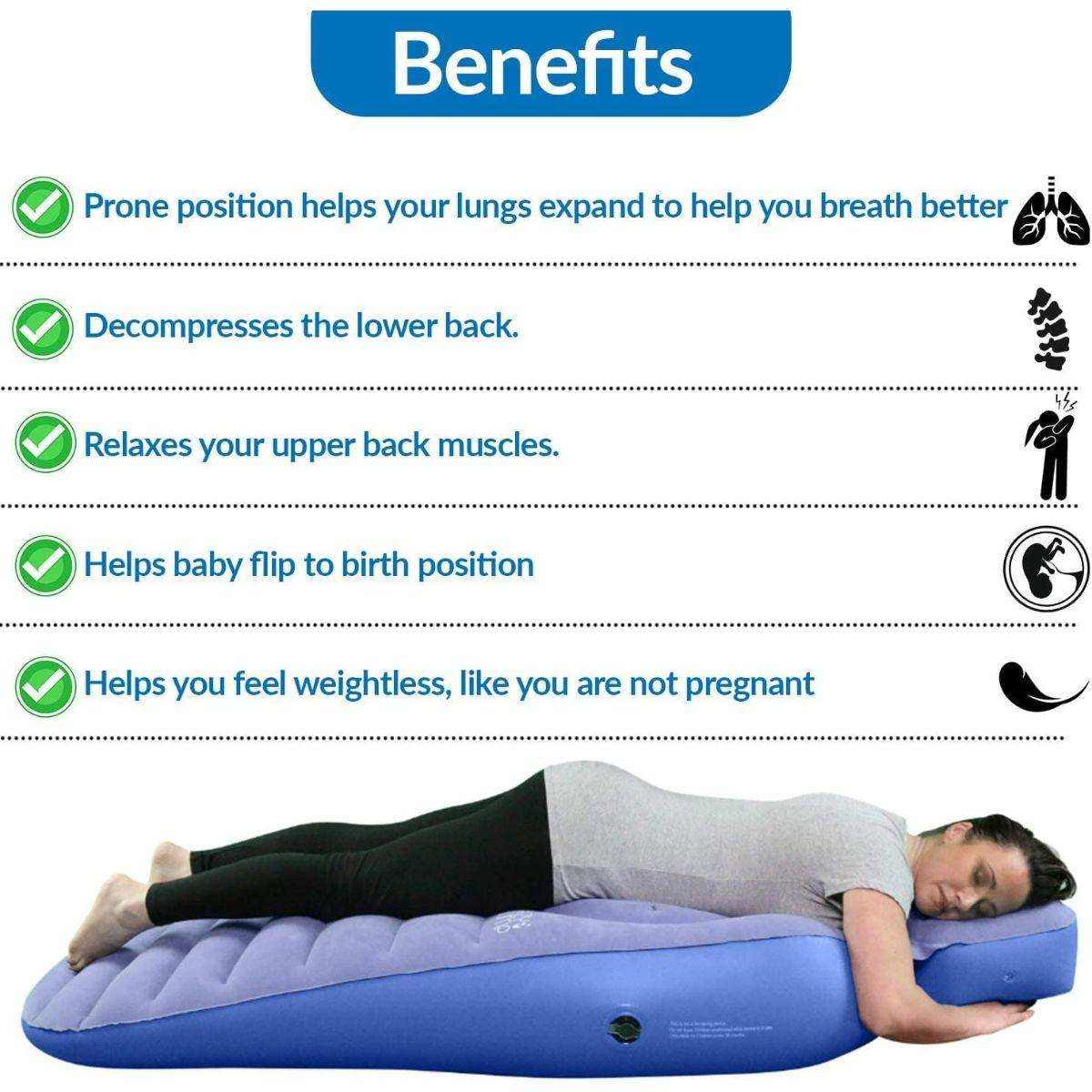 Woman lying face down on a blue inflatable pregnancy pillow showing benefits for back support and comfort