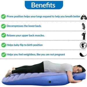Woman lying face down on a blue inflatable pregnancy pillow showing benefits for back support and comfort