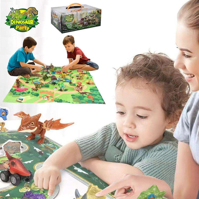 Kids playing with Kidst Dino Adventure 3D dinosaur puzzle, toy cars, and colorful dinosaur park play mat with carrying case nearby