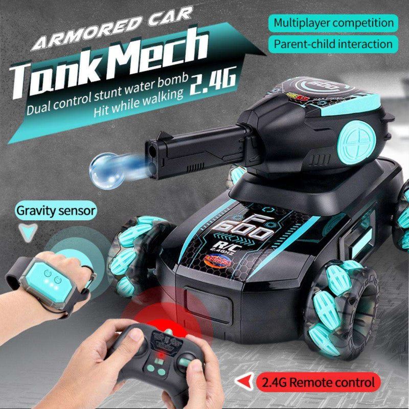 Kidst RC tank toy with gesture control, dual control water bomb, 2.4G remote, and multi-directional all-terrain wheels