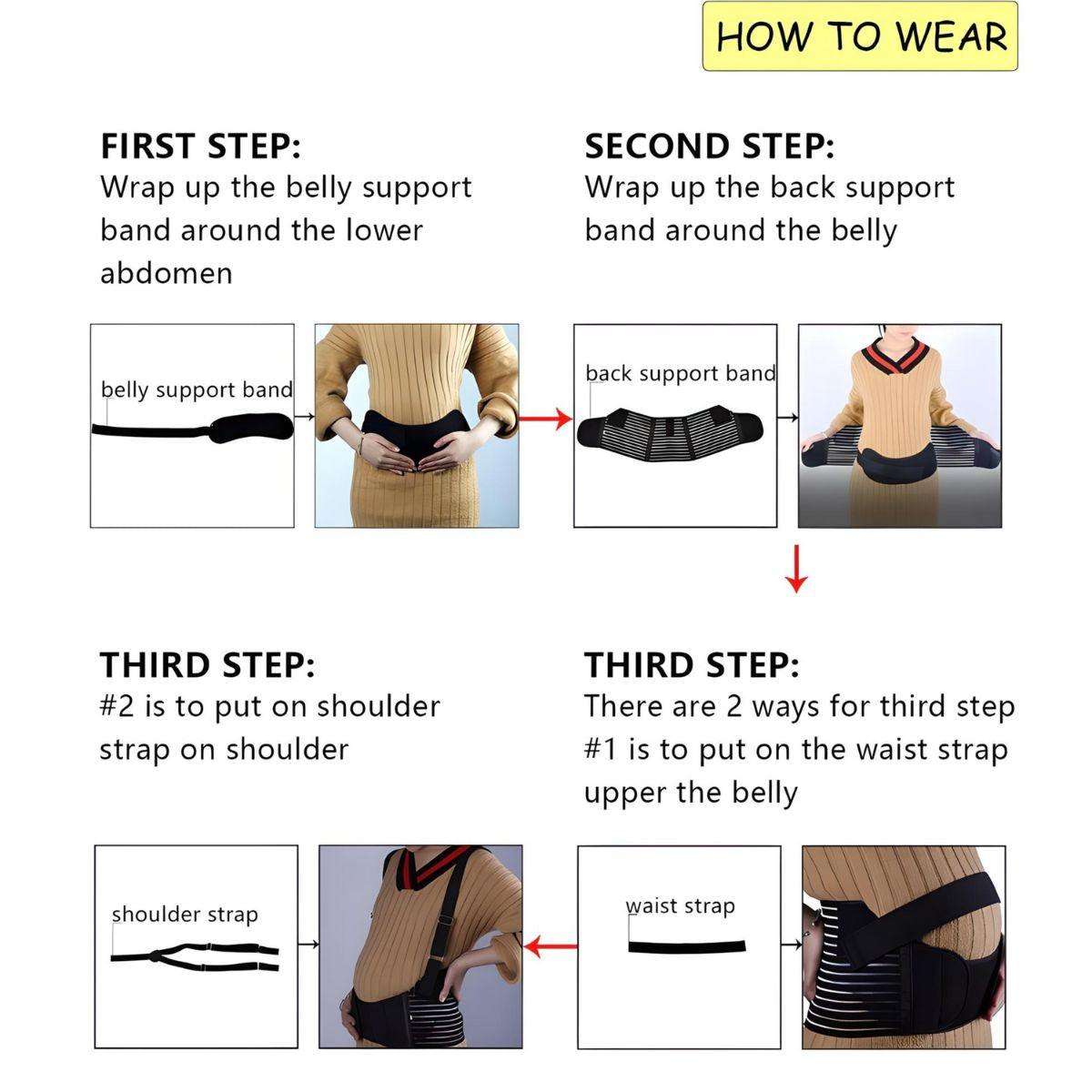 Step-by-step instructions for wearing MaterniCare BellyGuard pregnancy belly band and support straps