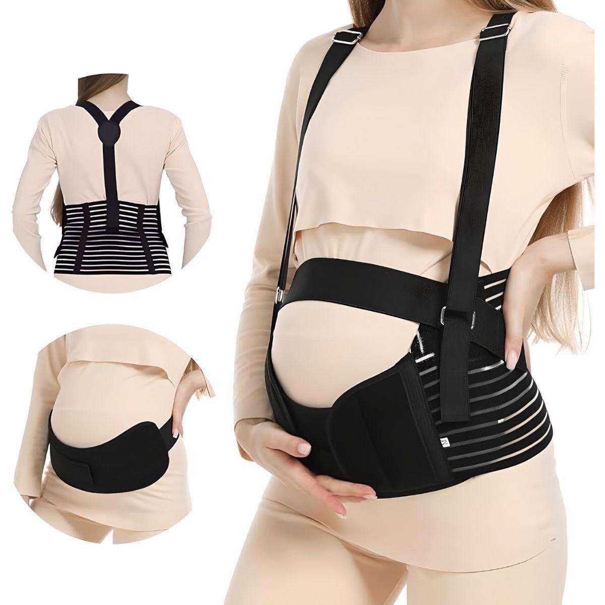 Pregnant woman wearing adjustable MaterniCare BellyGuard pregnancy belly band with shoulder straps