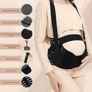 Pregnant woman wearing adjustable MaterniCare BellyGuard pregnancy belly band with shoulder straps