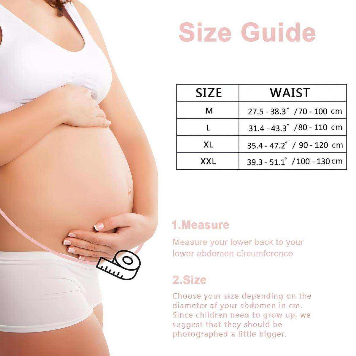 Pregnant woman holding belly with pregnancy belly band size guide chart